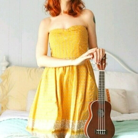 Anthropologie Girls From Savoy Yellow Bandana Strapless Dress Womens size 4 - Picture 1 of 11